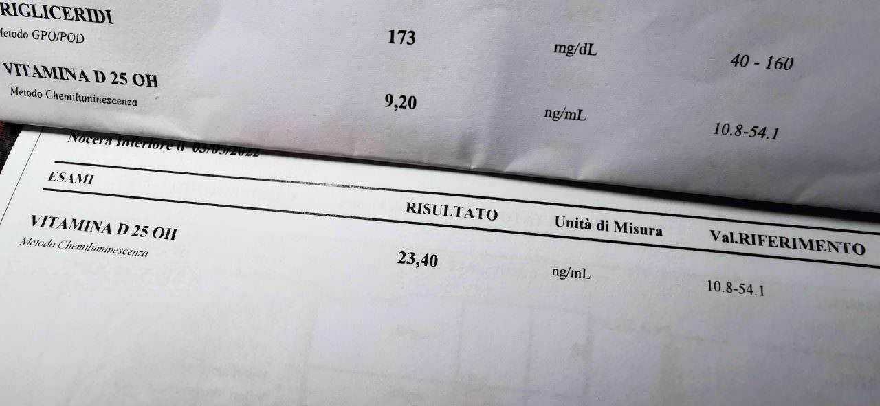 Valori di vitamina D 25 OH in un referto medico, analisi di laboratorio per la salute, risultati di test sulla vitamina D.