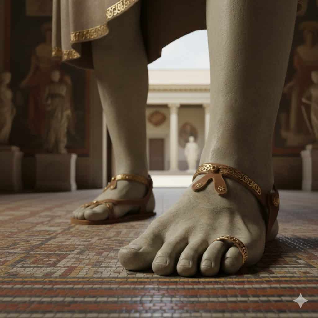 una persona con il calzare e un anello sul dito come si usava in Roma Antica