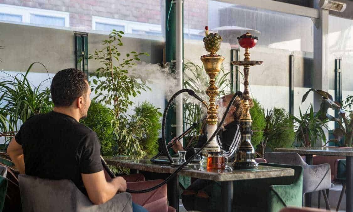 Fumare il shisha in un caffè con piante verdi e ambiente moderno.