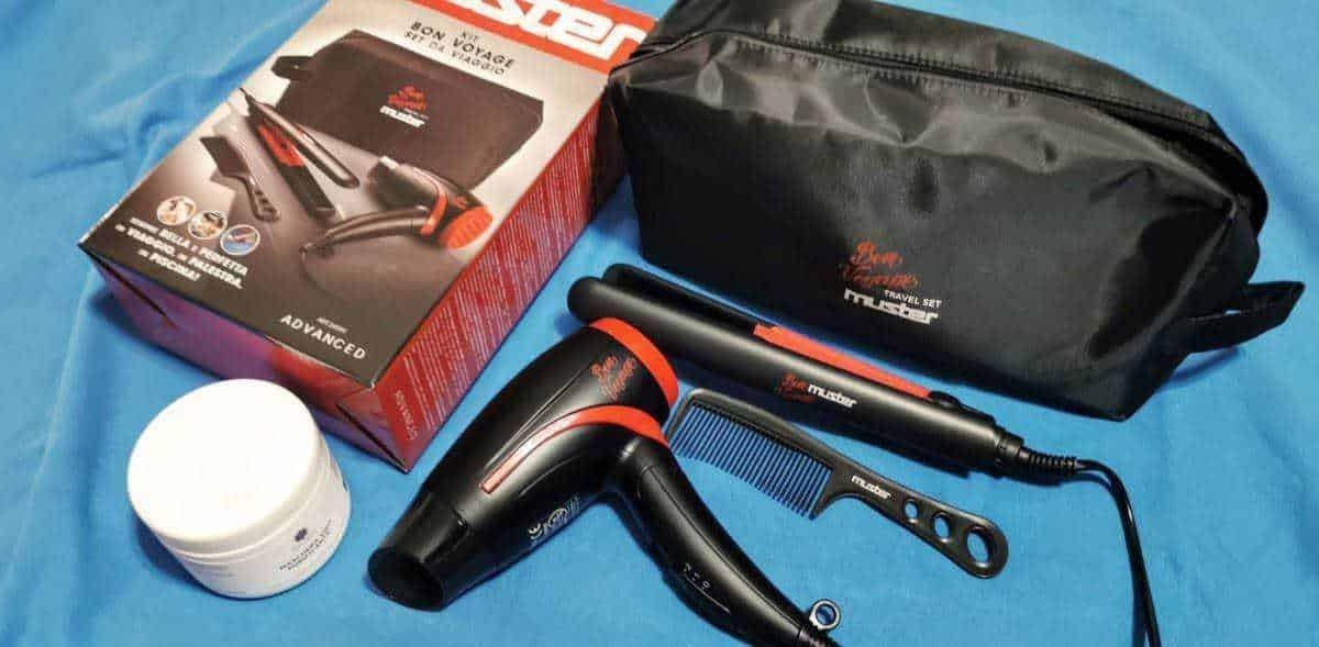 Dryer professionale da viaggio, kit di strumenti per styling capelli, phon, pettine, custodia bag, ideale per viaggi e utilizzo in mobilità. Completo di accessori per asciugatura e piega capelli.