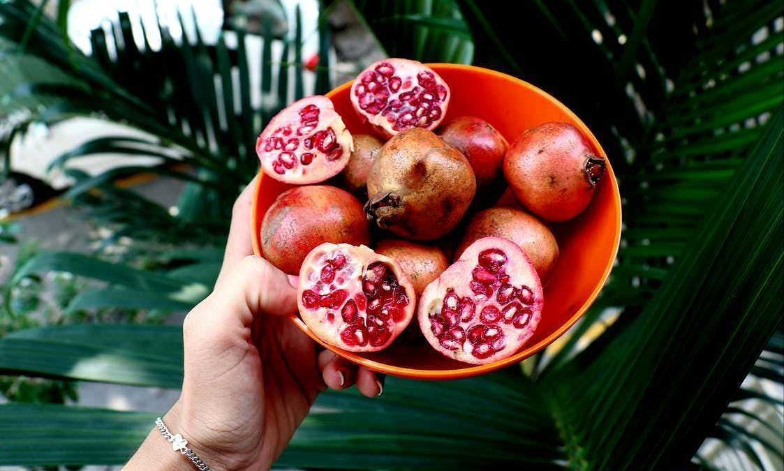 Fichi freschi e maturi in una ciotola arancione con sfondo di foglie verdi tropicali.