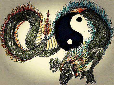Dragone orientale con simbolo yin-yang, rappresenta equilibrio tra forze opposte, arte tradizionale e spiritualità. Perfetto per contenuti su cultura asiatica, spiritualità e simbolismo nelle arti marziali e nel folklore.