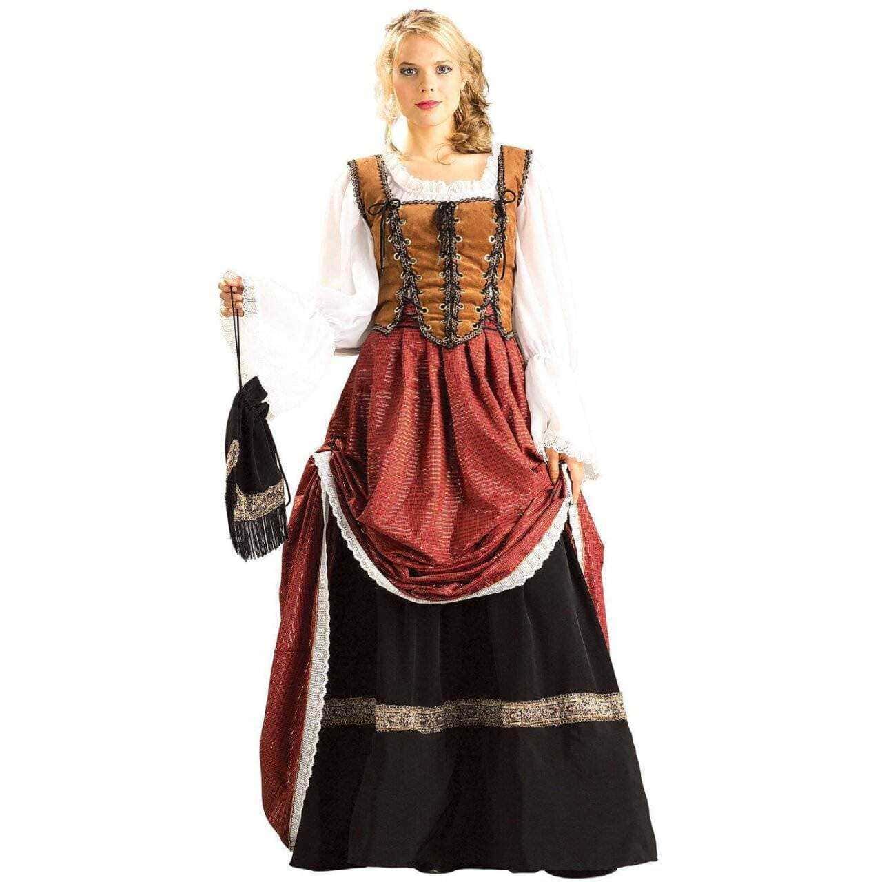 Abito femminile medievale con tunica lunga e copricapo