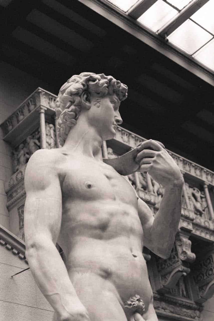 David di michelangelo a firenze: Scultura classica di Davide di Michelangelo in marmo bianco, dettagli artistici e anatomici, statua famosa dell'arte rinascimentale italiana, esposizione museale, raffinatezza artistica, patrimonio culturale Italia.