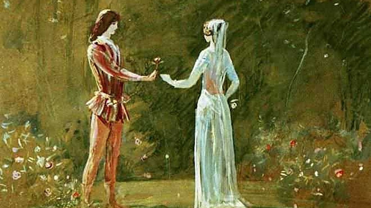 Due giovani che si scambiano un fiore in un giardino dipinto a acquerello, simbolo di amore e romanticismo.