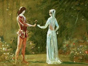 Due giovani che si scambiano un fiore in un giardino dipinto a acquerello, simbolo di amore e romanticismo.