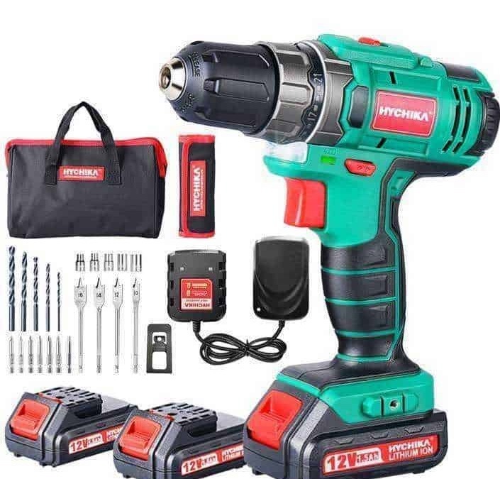 Power drill cordless con accessori e valigetta, attrezzi per bricolage e fai da te, strumenti di costruzione e riparazione domestica, kit DIY di alta qualità.