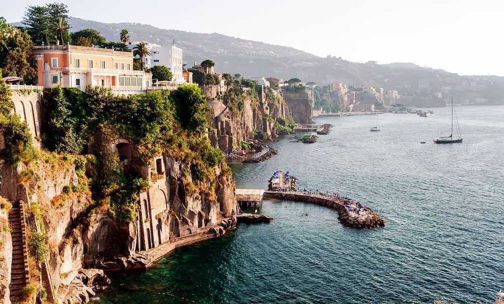 Basilica di Sant'Antonino Abate e Marina Piccola: itinerario a Sorrento, mappa dei luoghi principali, immagini delle attrazioni turistiche e punti di interesse costieri.