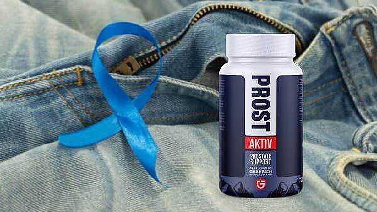 Prost Aktiv support prostata integratore in capsule su jeans con nastro blu, evidenziando prodotti per la salute maschile e il benessere prostatico.