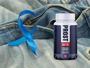 Prost Aktiv support prostata integratore in capsule su jeans con nastro blu, evidenziando prodotti per la salute maschile e il benessere prostatico.