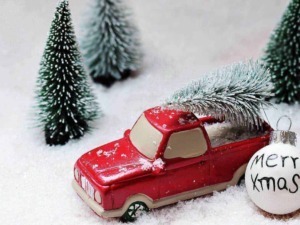 Fiorello di Natale in miniatura su neve con albero di Natale e pallina decorativa "Merry Xmas" per decorazioni natalizie e tradizioni festive.