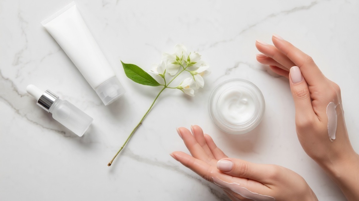 Crema idratante e prodotti skincare naturali con fiori freschi su superficie marmo bianco. Ritratto di routine di bellezza e cura della pelle con ingredienti di origine naturale.