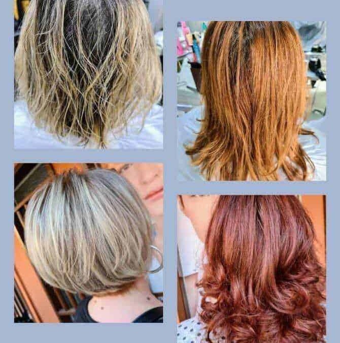Capelli ricci corti prima e dopo la colorazione rosso intenso, mostra la trasformazione dello stile e del colore per un look rinnovato e vivace, ideale per chi desidera un cambio di immagine.