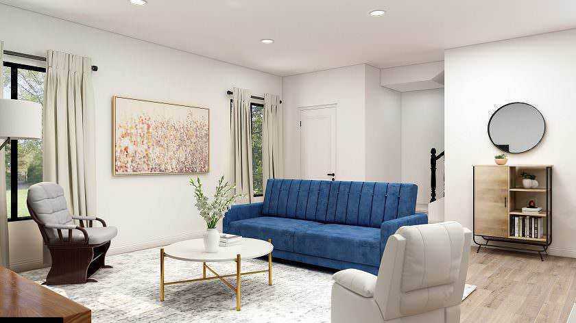 I colori più belli per la tua casa, tendenze 2023 2 Colori per la casa: Sedie moderne e divano blu in soggiorno luminoso con decorazioni minimaliste e grandi finestre per un'atmosfera accogliente e elegante.