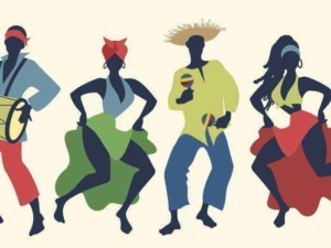 Vignette di persone che ballano e suonano strumenti musicali, rappresentando la cultura e la festa, con uno stile artistico colorato e moderno, ideale per contenuti su eventi.