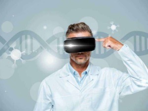 Occhiali VR con sfondo diDNA e tecnologia. È un innovativo strumento scientifico nel campo della genetica e della ricerca biomedica.