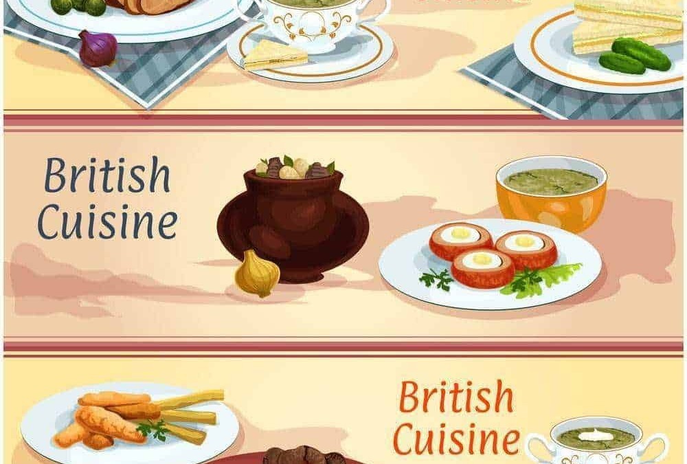 L'immagine mostra piatti tipici della cucina britannica, tra cui carne arrosto, minestrone, uova in camicia, salse e verdure, rappresentando una vasta selezione di specialità tradizionali britanniche.