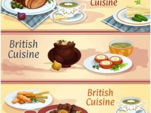 L'immagine mostra piatti tipici della cucina britannica, tra cui carne arrosto, minestrone, uova in camicia, salse e verdure, rappresentando una vasta selezione di specialità tradizionali britanniche.