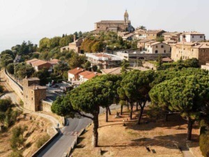 Ville di Pietra, paesaggio tradizionale italiano, vista dal basso di un borgo con chiesa antica e case su una collina, circondato da alberi e natura, ambiente storico e pittoresco.