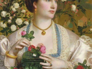 Ritratto di donna con fiori e gioielli, esempio di pittura realistico e dettagliato.