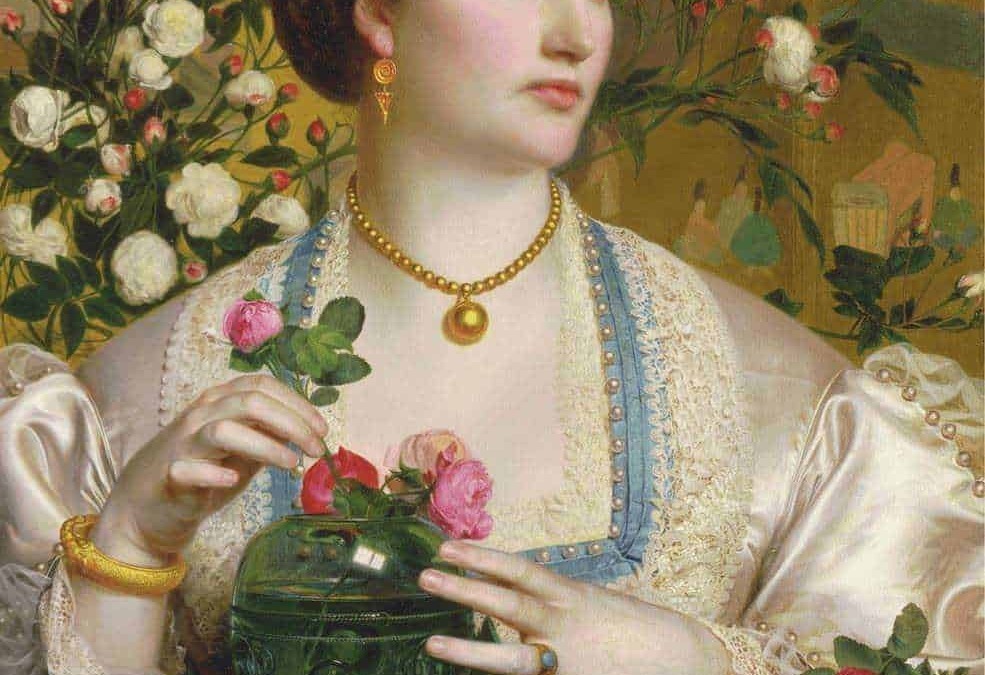 Ritratto di donna con fiori e gioielli, esempio di pittura realistico e dettagliato.