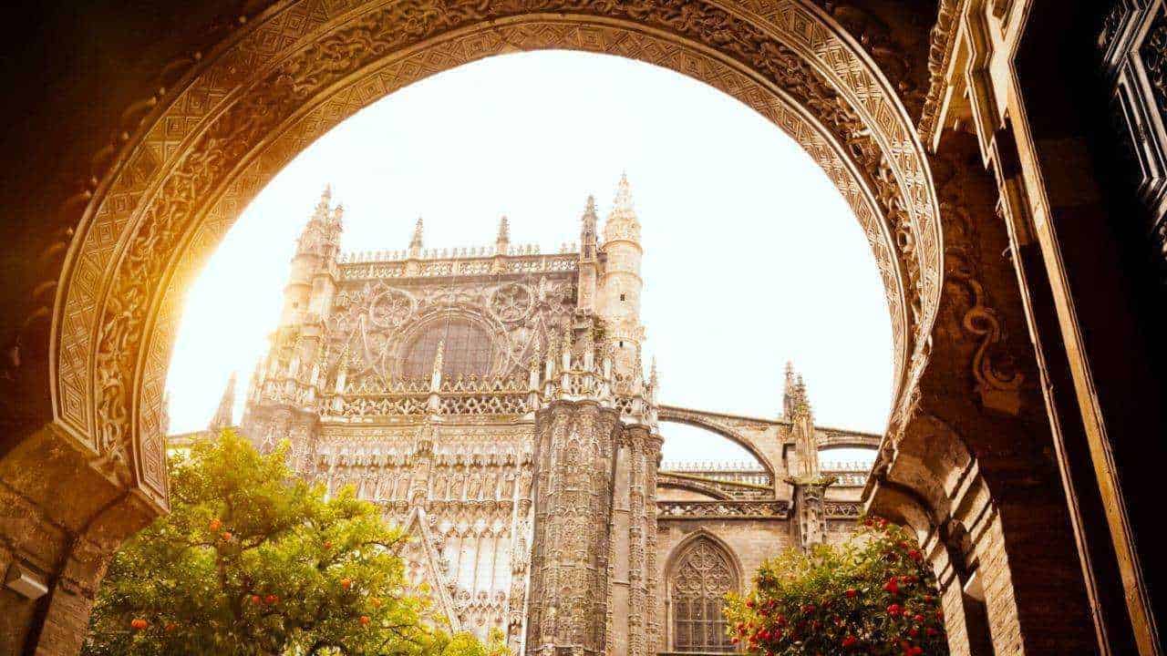 Maestosa vista gotica di una cattedrale storica attraverso un arco decorato, illuminata dal sole al tramonto, con alberi e fiori in primo piano, evidenziando l'architettura e i dettagli artistici.