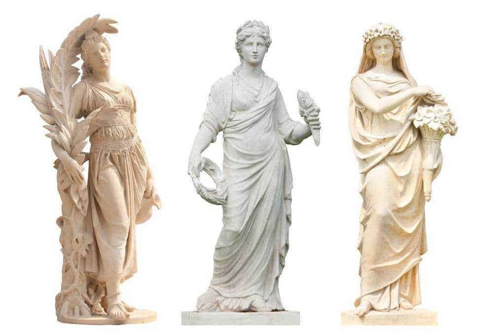 Statuette di divinità e figure mitologiche in stile classico, sculture in marmo raffiguranti figure femminili divine, arte antica e decorazione artistica.