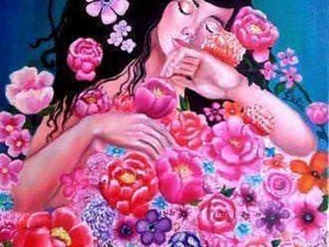 Mujer soñadora rodeada de flores colorate, disfrutando de un helado en un paisaje artístico y brillante, en un estilo vibrante y lleno de detalles.