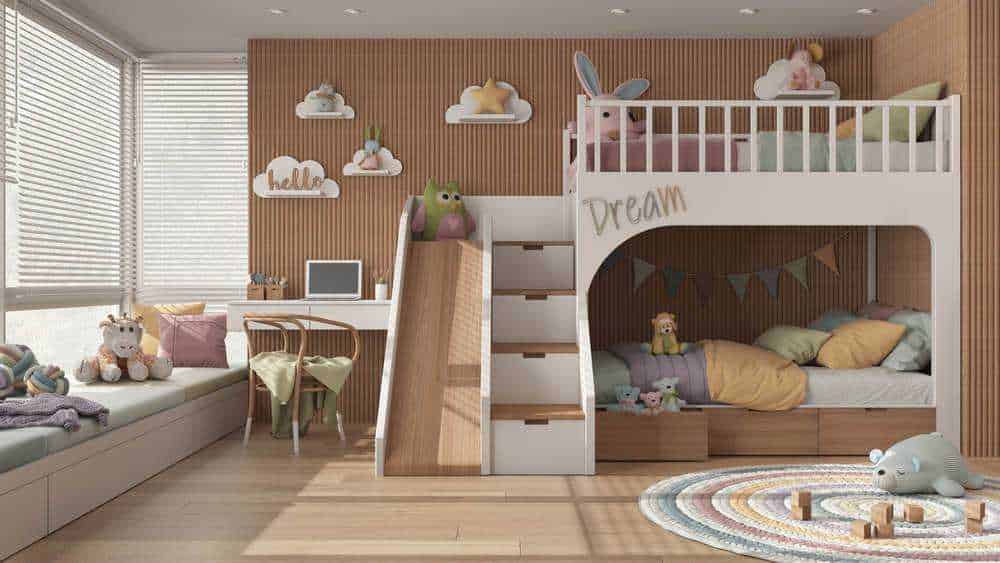 Letti innovativi per bambini e ragazzi di altissima classe 2 Letto a castello per bambini con decorazioni kawaii, zone di riposo accoglienti, spazio di gioco e ambientazione fantasiosa, ideale per camere di bambini colorate e funzionali.