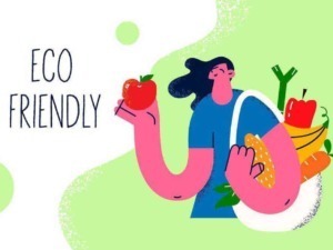 Frutta e verdura biologica su sfondo verde, concetto di alimentazione sana e sostenibile, icona di eco-compatibilità e stili di vita eco-friendly.