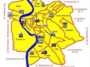Vettoriale di una mappa delle Valli di Roma con quartieri, fiumi e punti di interesse storici, monumentali e geografici. Visualizza i principali rioni e le loro attrazioni turistiche e culturali.