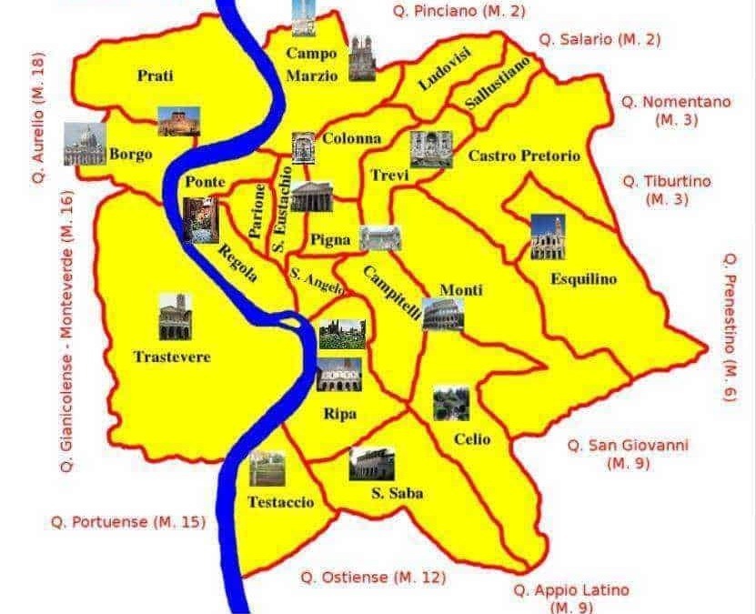 Vettoriale di una mappa delle Valli di Roma con quartieri, fiumi e punti di interesse storici, monumentali e geografici. Visualizza i principali rioni e le loro attrazioni turistiche e culturali.