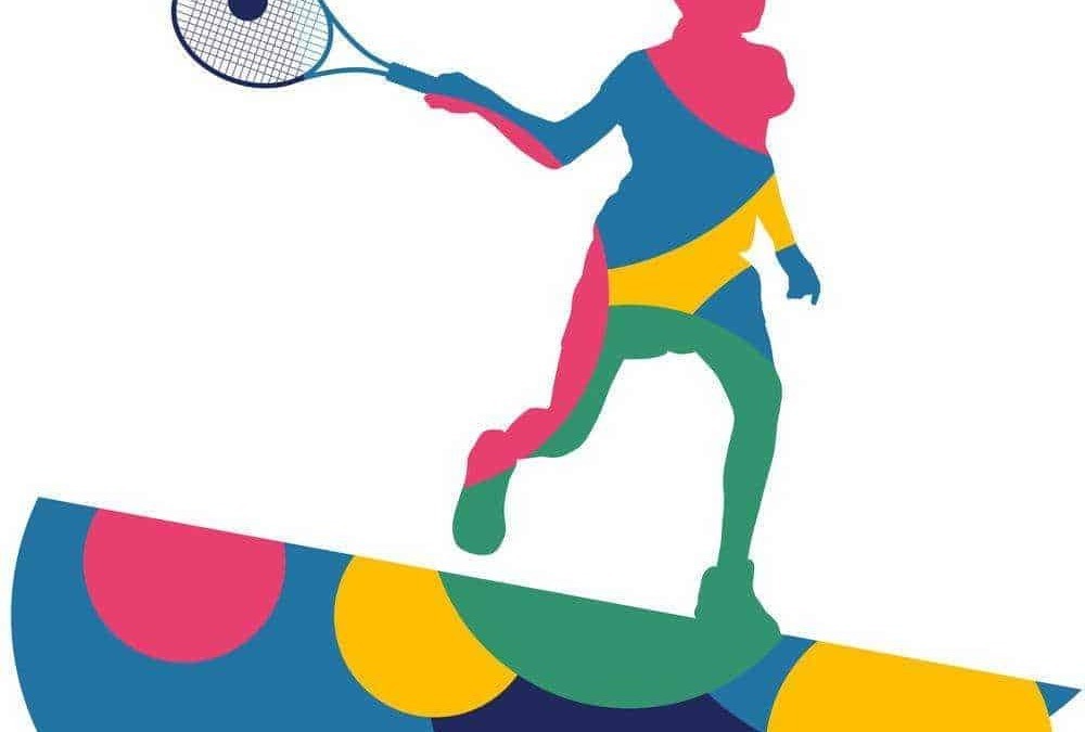 Ragazza con racchetta da tennis in stile astratto e colorato, rappresentazione di sport e attività fisica, illustrazione moderna per blog di eventi sportivi.
