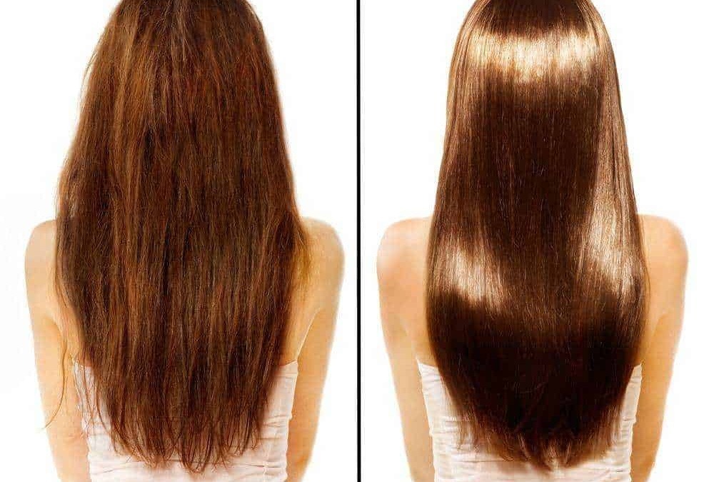 Capelli prima e dopo trattamento, trasformazione di capelli castani con colore e lucentezza migliorati, risultati visibili sulla chioma femminile.