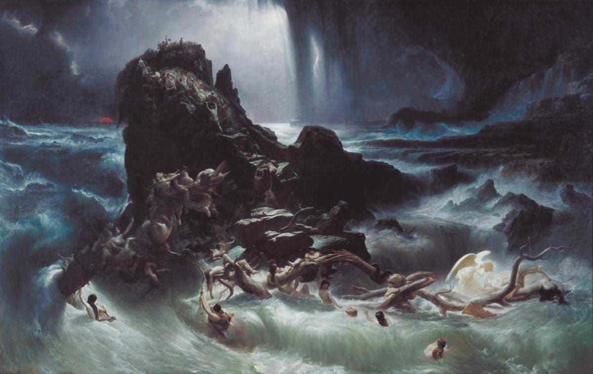 Tempesta marina con onde agitate, rovine e figure umane che lottano per la sopravvivenza, in un dipinto drammatico e intenso che rappresenta la forza della natura e la disperazione umana.