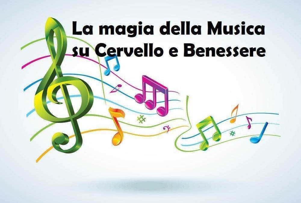 La magia della musica e il benessere del cervello, con note musicali colorate che rappresentano l'impatto positivo della musica sulla salute mentale e il benessere.