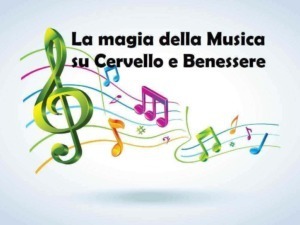 La magia della musica e il benessere del cervello, con note musicali colorate che rappresentano l'impatto positivo della musica sulla salute mentale e il benessere.