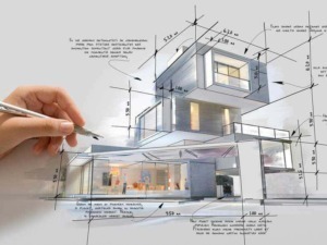 Moderno rendering architettonico di una casa contemporanea con schizzi e dettagli tecnici in evidenza, evidenziando progettazione e innovazione nel design edilizio.
