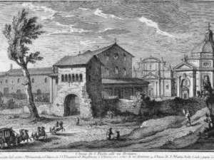 Vignetta storica di un'architettura antica con edifici e carrozze d'epoca, rappresentando un paesaggio urbano storico.