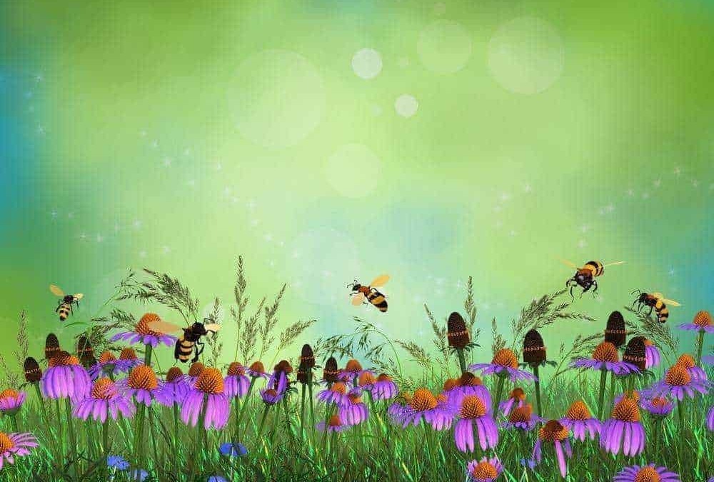 Fiori di campo viola con api che volano, sfondo verde brillante e luci soffuse, scena naturale e pacifica, arte digitale di un paesaggio floreale primaverile.