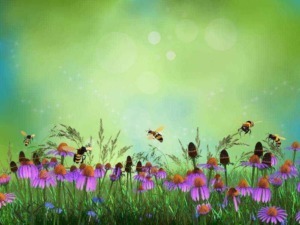 Fiori di campo viola con api che volano, sfondo verde brillante e luci soffuse, scena naturale e pacifica, arte digitale di un paesaggio floreale primaverile.