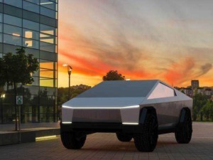 Futuro automobilistico, auto elettrica autonoma in design futuristico con paesaggio urbano al tramonto, innovazione, tecnologia e sostenibilità nel settore automotive.