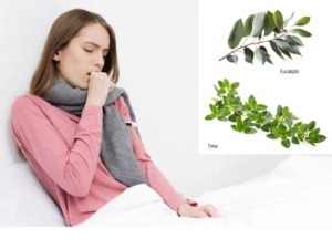 Mal di gola donna con sintomi influenzali che utilizza un termometro, con erbe medicinali come eucalipto e timo per il benessere respiratorio, concetti di rimedi naturali e salute 알.