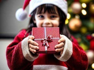Regali di Natale per bambini con cappello di Babbo Natale, sorriso e scatola regalo rossa, atmosfera festiva e decorazioni natalizie alle spalle.
