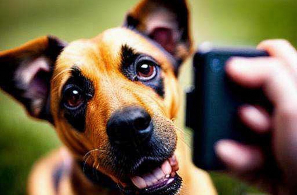 Un cane masticando un telefono cellulare, simbolo di divertimento e innocenza, catturato all'aperto con sfondo verde naturale.