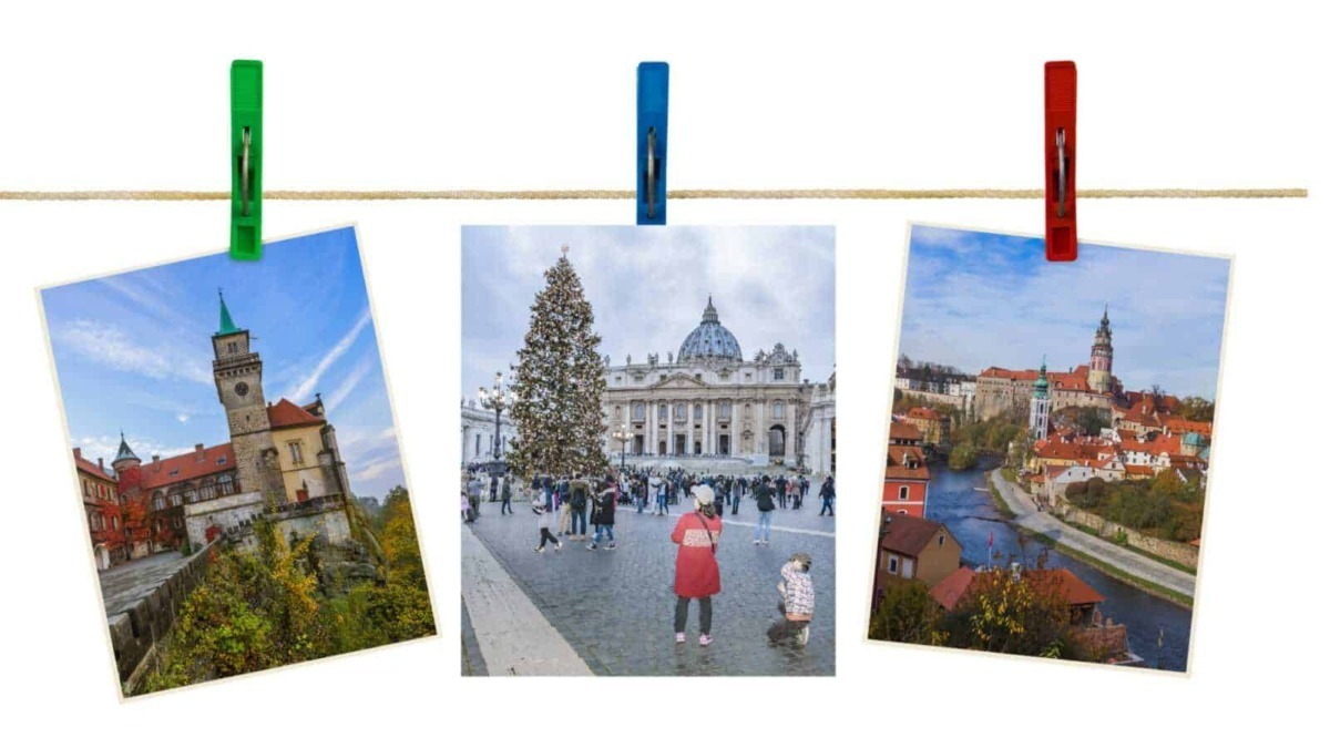 Stampe di città europee con architettura storica e decorazioni natalizie, perfette per appassionati di turismo, cultura e viaggi in Italia e Europa.