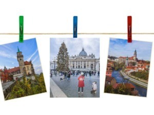 Stampe di città europee con architettura storica e decorazioni natalizie, perfette per appassionati di turismo, cultura e viaggi in Italia e Europa.