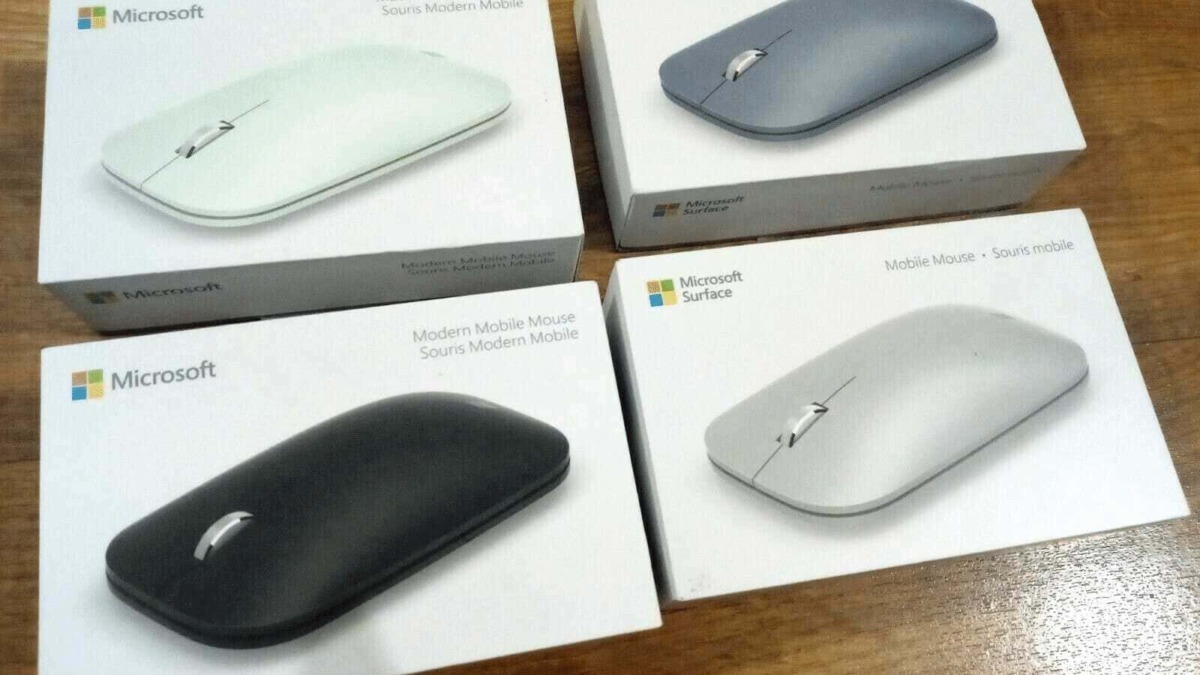 Mouse Microsoft Surface bianco, nero e grigio in scatole nuove, perfette per ufficio o uso personale, design moderno e portatile, compatibile con dispositivi Microsoft.