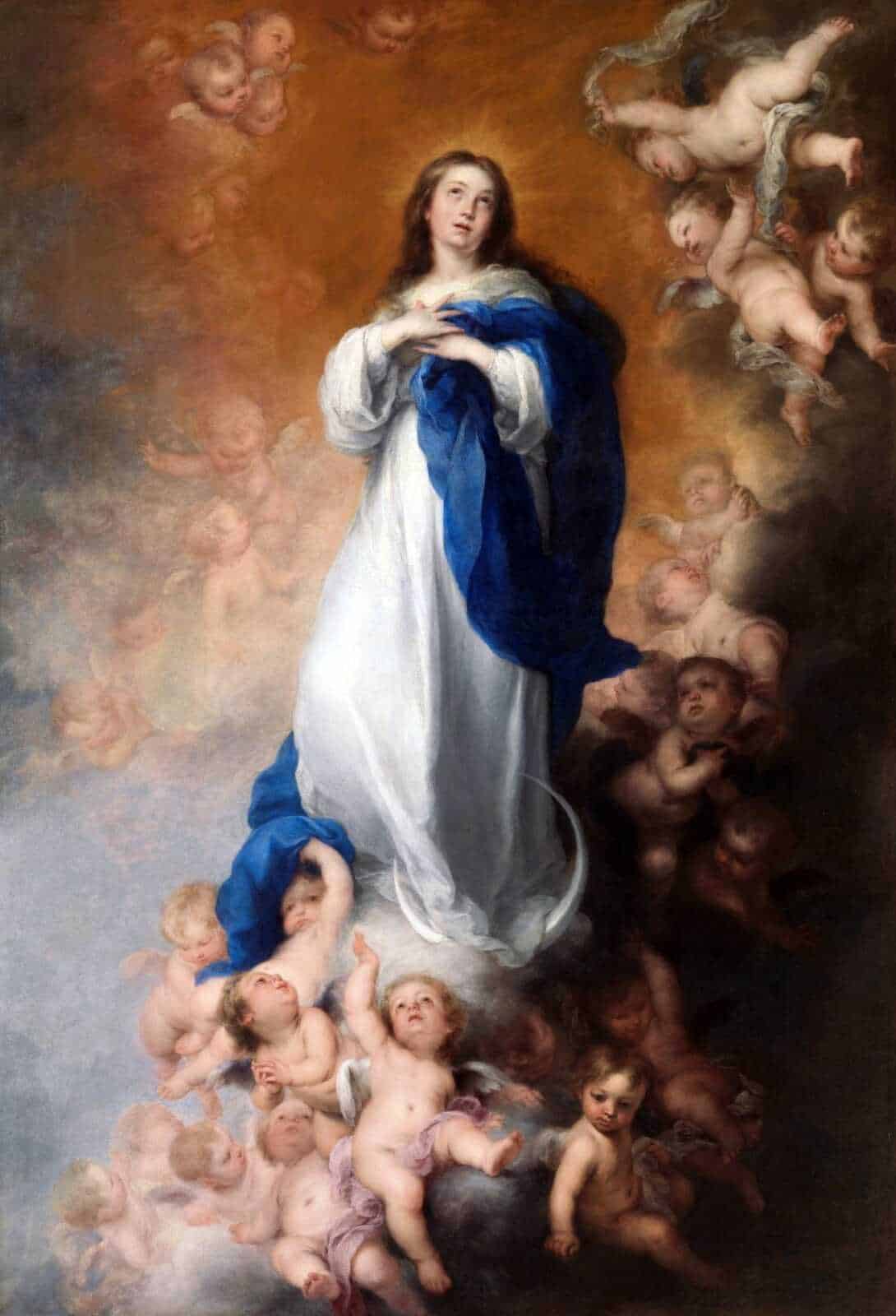 Vergine Maria con angeli e cherubini in un dipinto barocco, simbolo di spiritualità, fede cristiana e arte sacra, con dettagli artistici altamente espressivi e colori vivaci.
