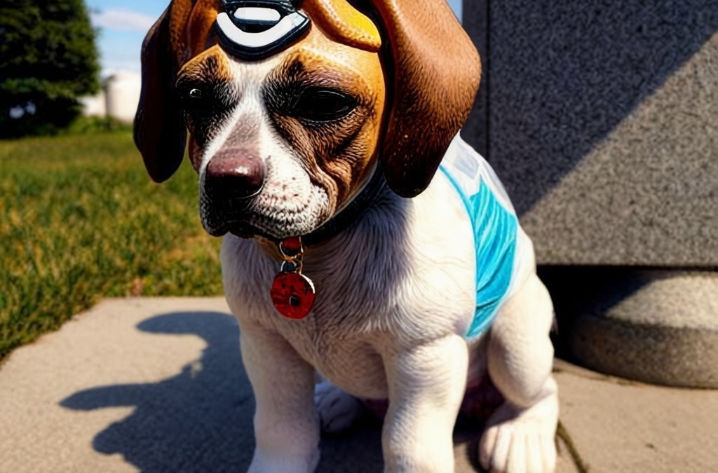 Cagnolino con maschera da supereroe e costume blu, seduto su un marciapiede all'aperto in una giornata di sole, rappresenta amore per gli animali e lo spirito giocoso.